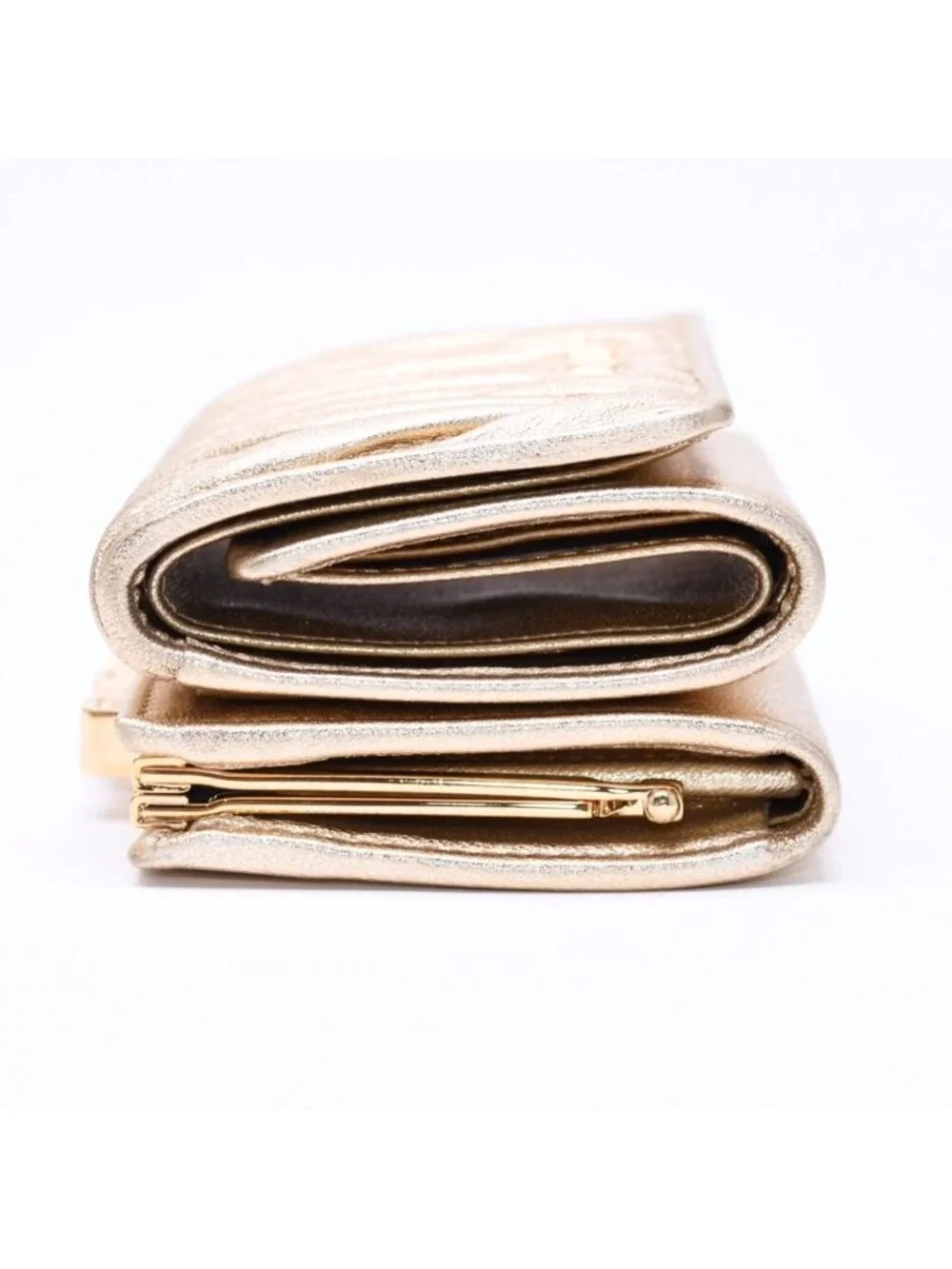 Miu Miu Matelasse Compact Wallet Trifold Gathered Gold Leather